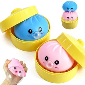2Pack Dumpling Squishies Set with Steamer, New Bubble-Blowing Squishies, Stretchy Fidget Sensory Squeeze Toy for Adults & Teens, Cute Desk Gift(Blue+Pink)