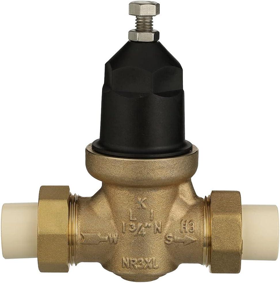 ZURN WILKINS 3/4" NR3XL PRESSURE REDUCING VALVE WITH DOUBLE UNION FNPT CONNECTION AND CPVC TAILPIECE CONNECTION.