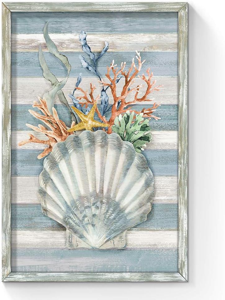 Seashell Wall Art Wooden Framed: Vertical Ocean Coral Starfish Seaweed Picture Teal Vintage Rustic Nautical Coastal Beach Marine life Painting Prints on Wood Plank Hand Painted Artwork for Bathroom 24x16"