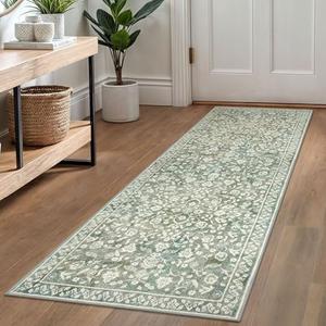 SILOLOOM Vintage Washable Runner Rug 2'x6', Sage Green Beige Runners for hallways, Super Soft Kitchen Runner Rug Non Slip, Printed Faux Wool Floral Thin Carpet Runner for Entryway Laundry Room Bedroom