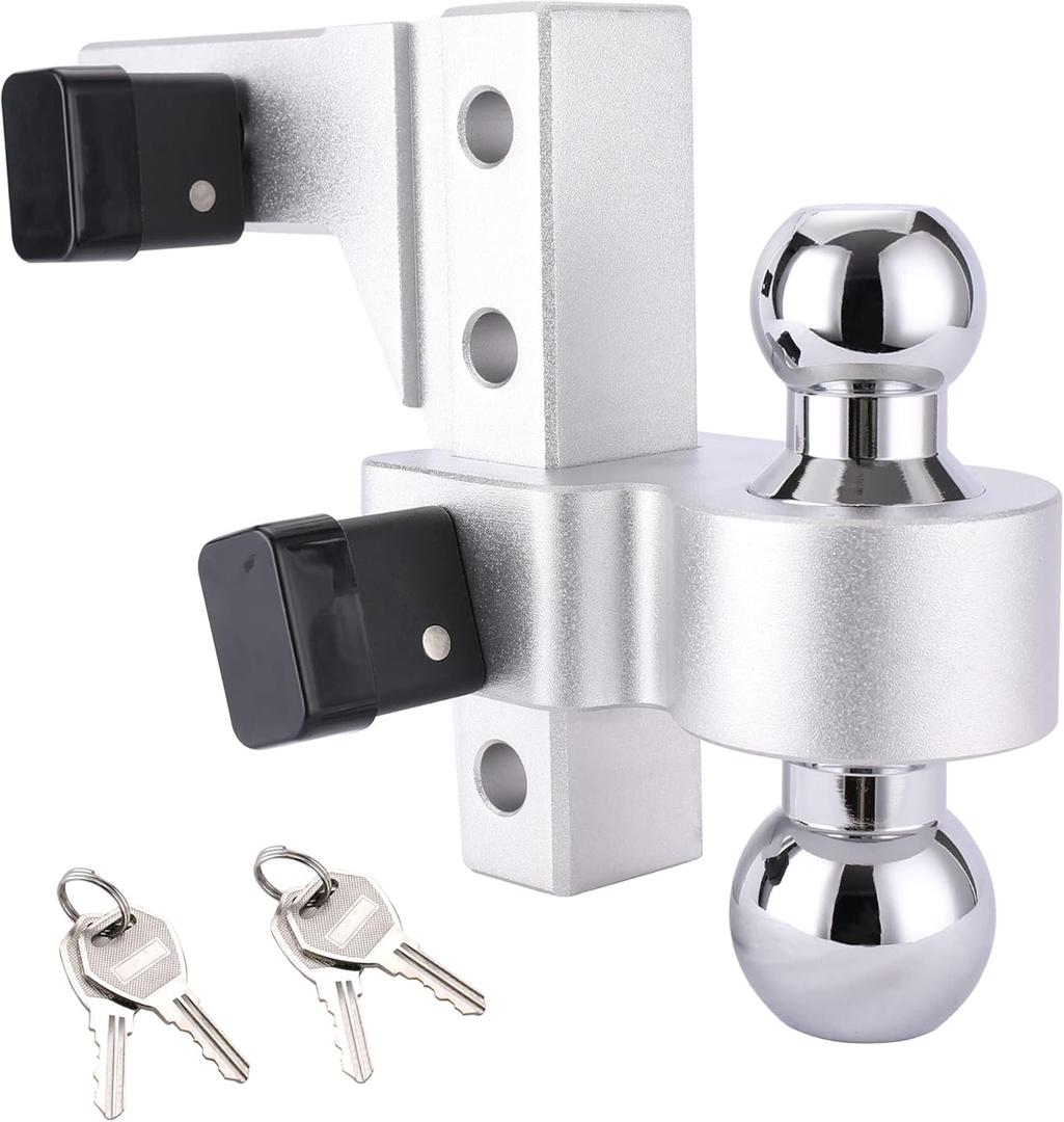 Adjustable Ball Mount Hitch 6 Inch Drop/Rise Includes 2" & 2-5/16" Chrome Steel Dual Balls, 2 Pcs 5/8" Key-Liked Lock, Aluminum Trailer Hitch for Vehicles, Boats, Fits 2" Receiver, 10000 lbs. GTW (Gray)