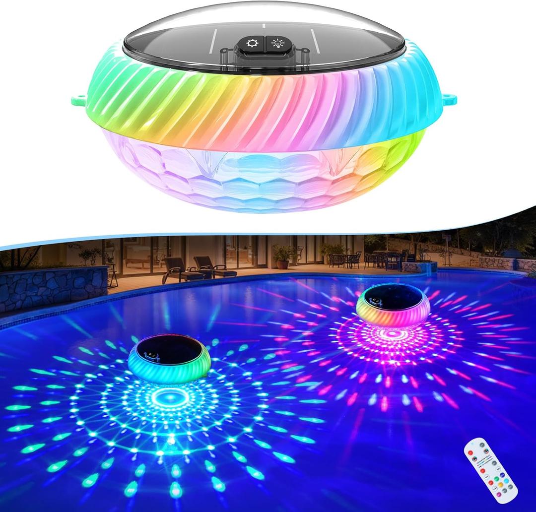 Floating Pool Lights Solar Powered, 7.6 Inch RGB Upper & Lower Color Changing Solar Pool Lights that Float with Dynamic Lighting Effects, IP68 Waterproof Floating Light for Pool Party Decor(1) (White)