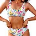 AI'MAGE Women Ribbed Bikini Sets Sporty Swimsuits Scoop Neck Two Piece Bathing Suits High Cut Bikini  (Medium, Multi Floral)