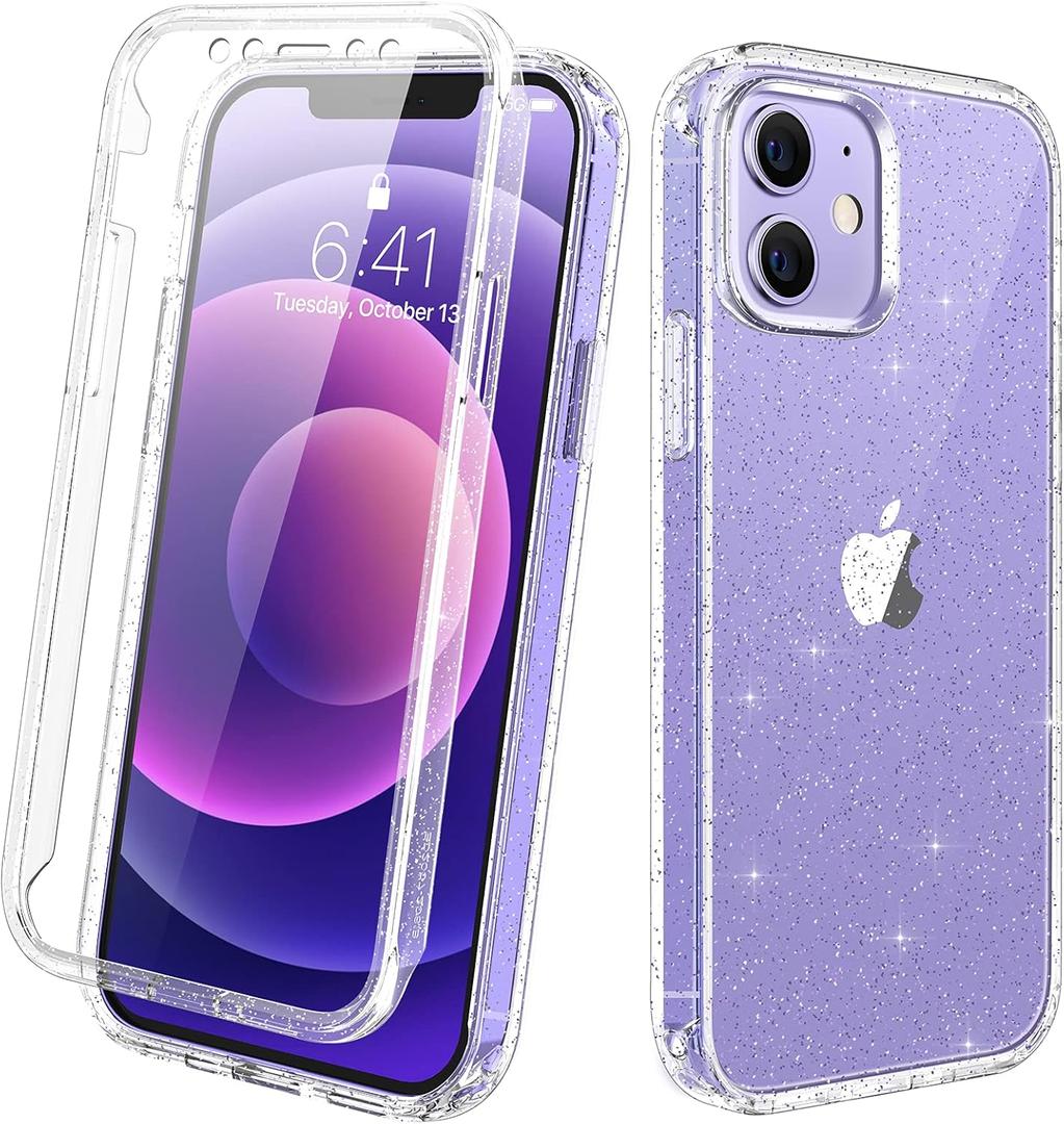 Diaclara Clear Glitter Full Body Rugged Designed for iPhone 12/12 Pro Case | Built-in Touch Sensitive, Anti-Scratch Screen Protector, Soft TPU Bumper, 6.1"