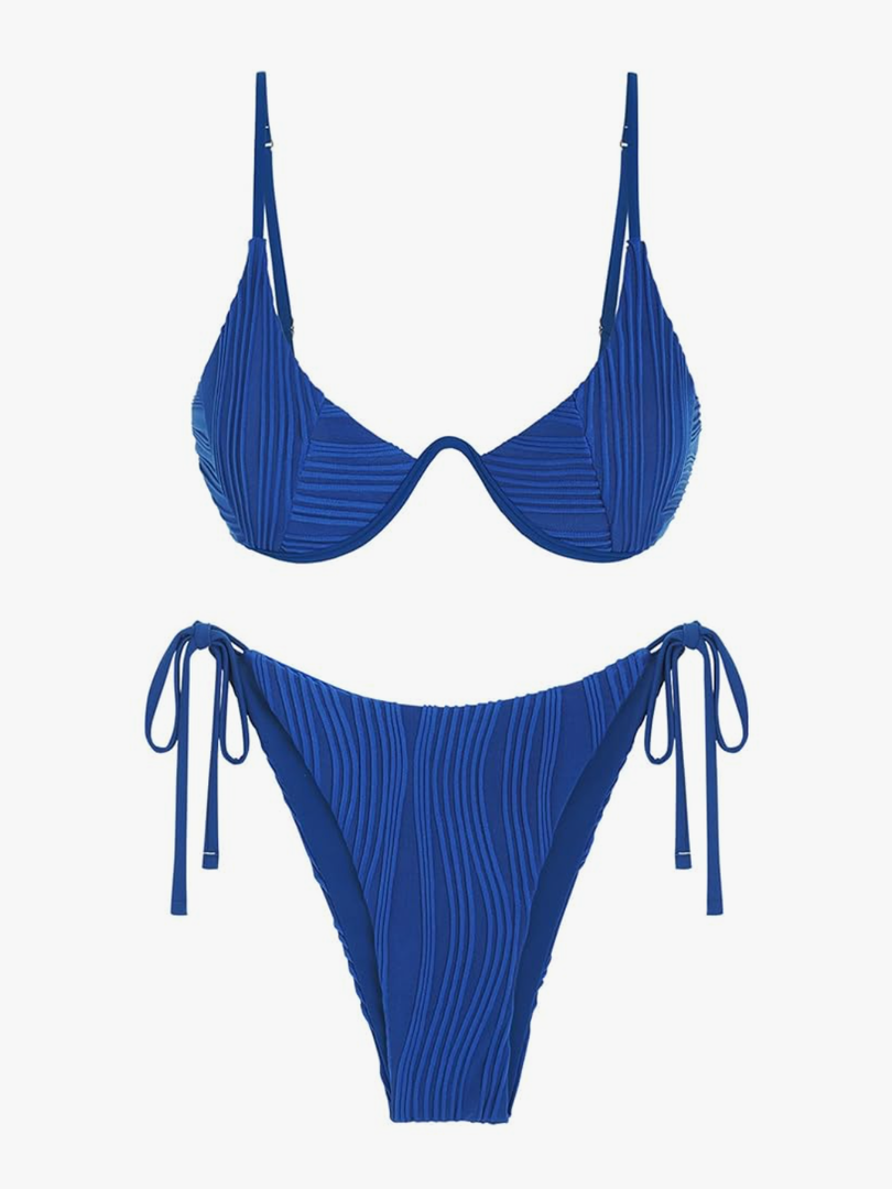 ZAFUL Women's Bikini Sets Ribbed Two Piece Swimsuits Underwire Adjustable Back Clasp Bathing Suit Side Tie Thong Swimwear M