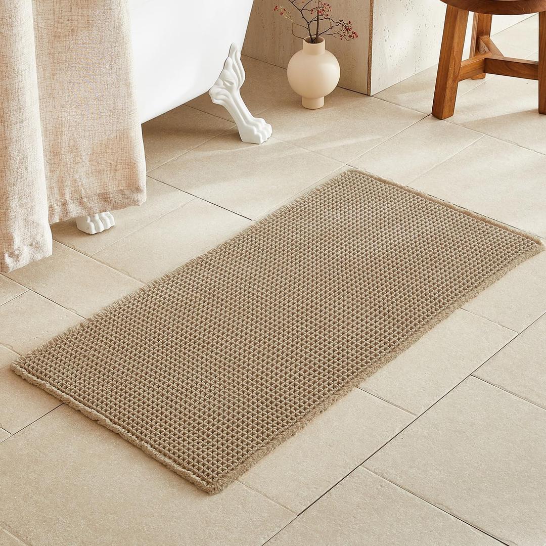 TYUU Waffle Bath Mat, Boho Bathroom Rugs Non Slip Washable Super Absorbent Quick Dry Farmhouse Bathroom Decor, 48"x24" / 4'x2' Khaki