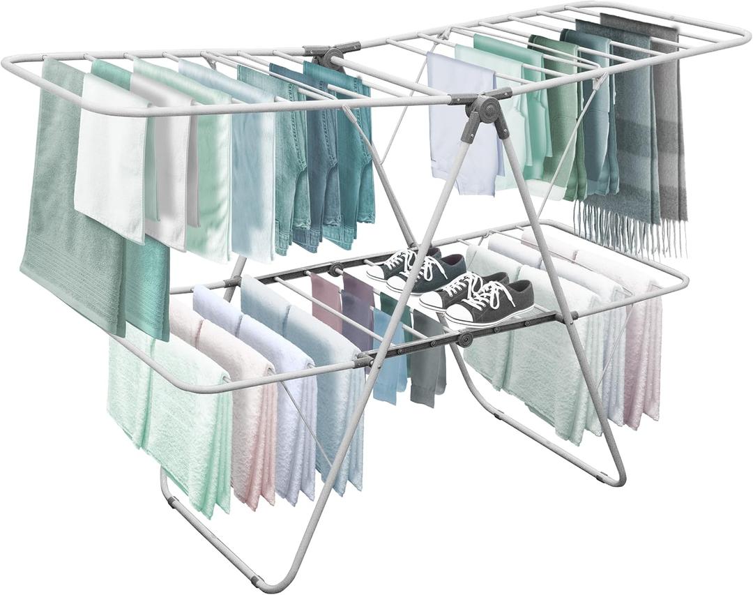 Brookstone  Extra Large  Double Spaced - 2 Tier Collapsible Clothes Drying Rack, Indoor/Outdoor Folding Hanging Garment Stand [NO Assembly - Ready Out of The Box] (White)