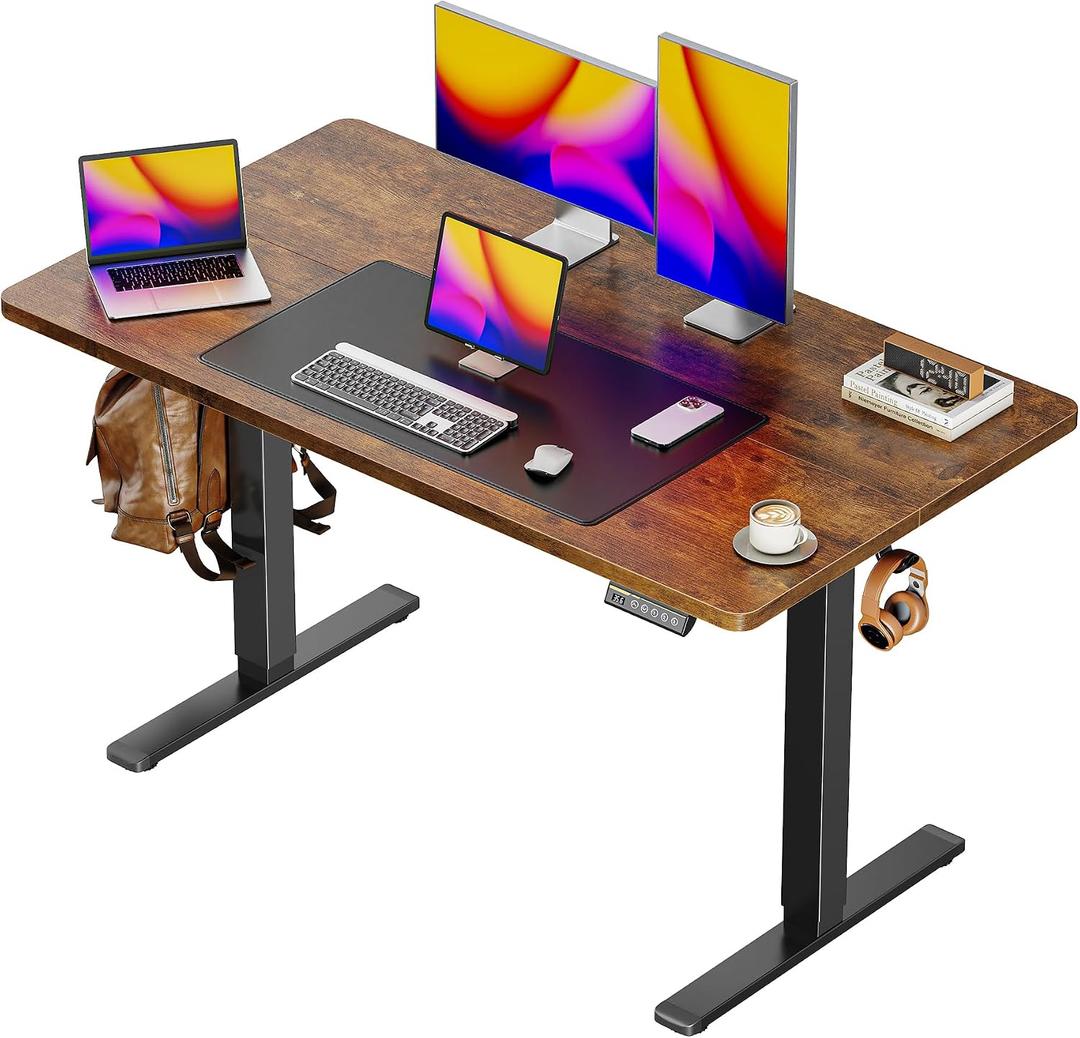 Huuger 48 x 28 Large Electric Standing Desk, Height Adjustable Desk, 27.6" Deep Desktop, Stand up Gaming, 2 Hooks, 3 Preset Heights, for Home Office, Rustic Brown