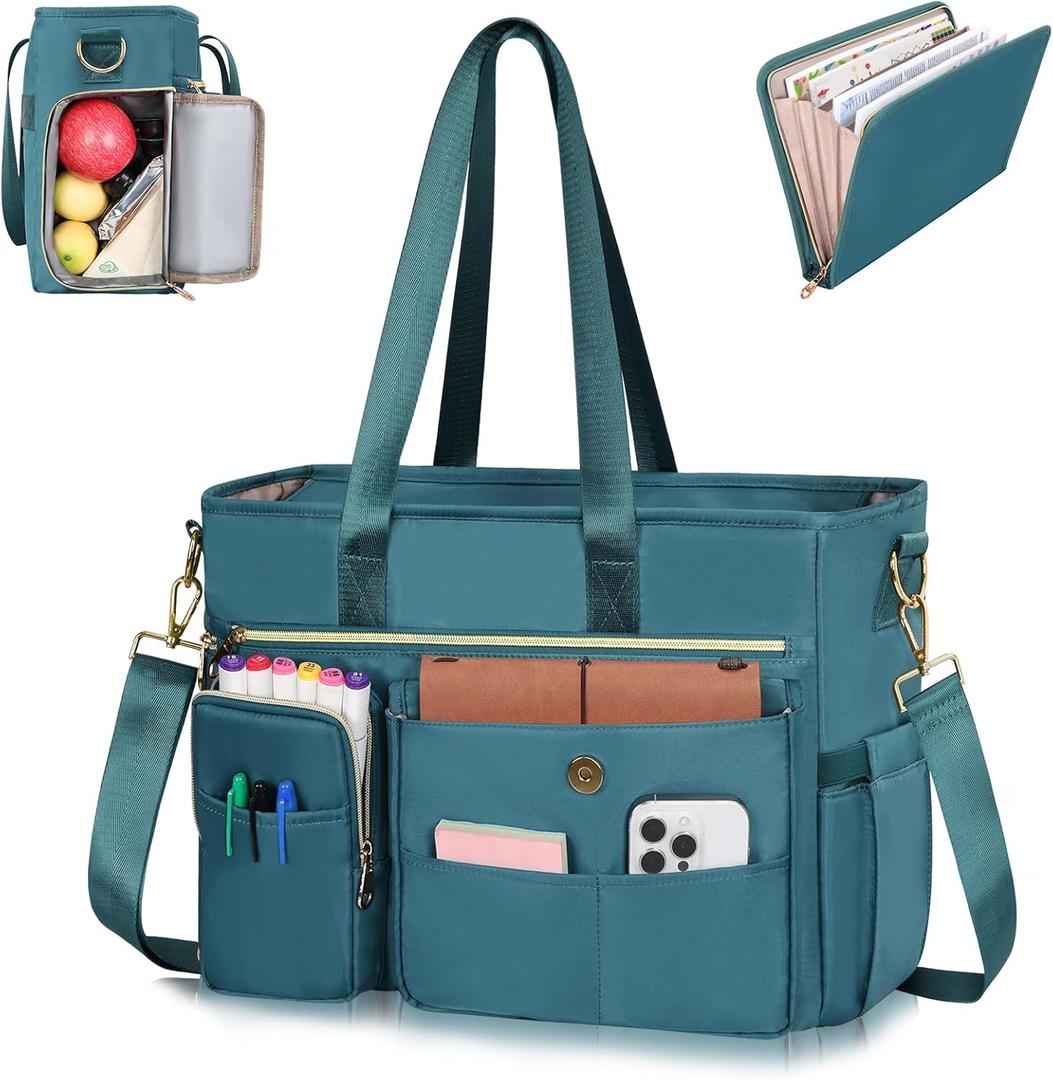 ESTARER Teacher Tote Bag for Women 2Pcs,15.6 Inch Laptop Work Bag Computer bag w/Expandable File Folder, Large Water-Resistant Messenger Handbags w/Insulated Pocket for Office/Travel/College, Teal