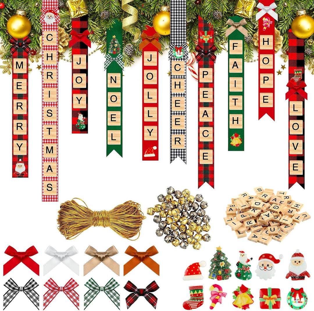 321 Pieces Christmas Tree Ornaments Personalized Crafts Christmas Wooden Capital Letter Tiles Xmas Tree Ornaments Rustic Stockings Name Tags Hanging Bells Ribbon Bowknots Xmas for Kids Adult