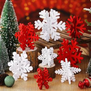 Wenqik 16 Pcs Winter Wooden Snowflake Decor Christmas Winter Snowflake Tabletop Decorations 3D Snow Table Signs Standing Centerpiece Xmas Tiered Tray Decorations for Party(Red White)
