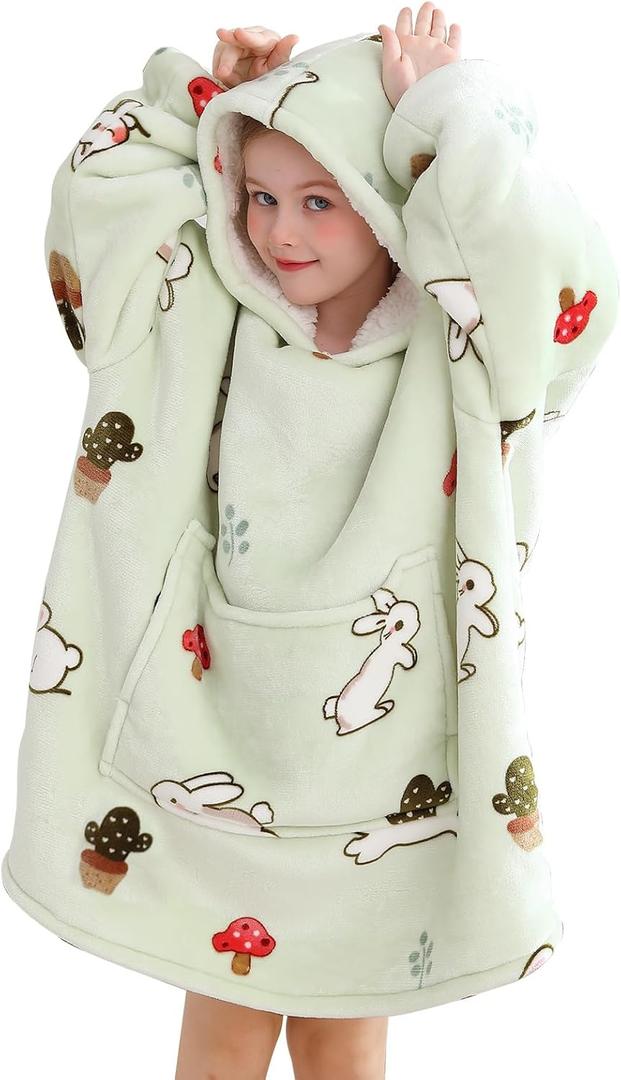 Aemilas Wearable Blanket Hoodie - Warm Sherpa Blanket Sweatshirt as Gifts for Adult Women Mom Men, One Size Fits All (Bunny / Kids Sherpa)