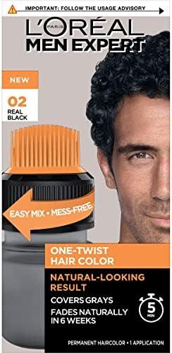 L’Oreal Paris Men Expert One Twist Mess Free Permanent Hair Color, Mens Hair Dye to Cover Grays, Easy Mix Ammonia Free Application, Real Black 02, 1 Application Kit 2 Pack