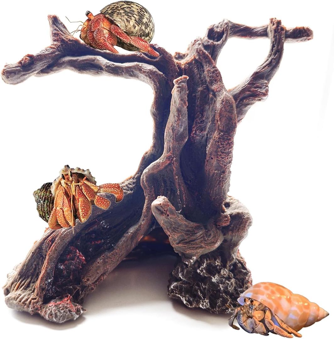 Anranmm Hermit Crab Climbing Toys Aquarium Decorations Artificial Tree Trunk Ornaments Betta Fish Hideout Caves Reptile Habitat Decor Accessories for Leopards Geckos Lizards