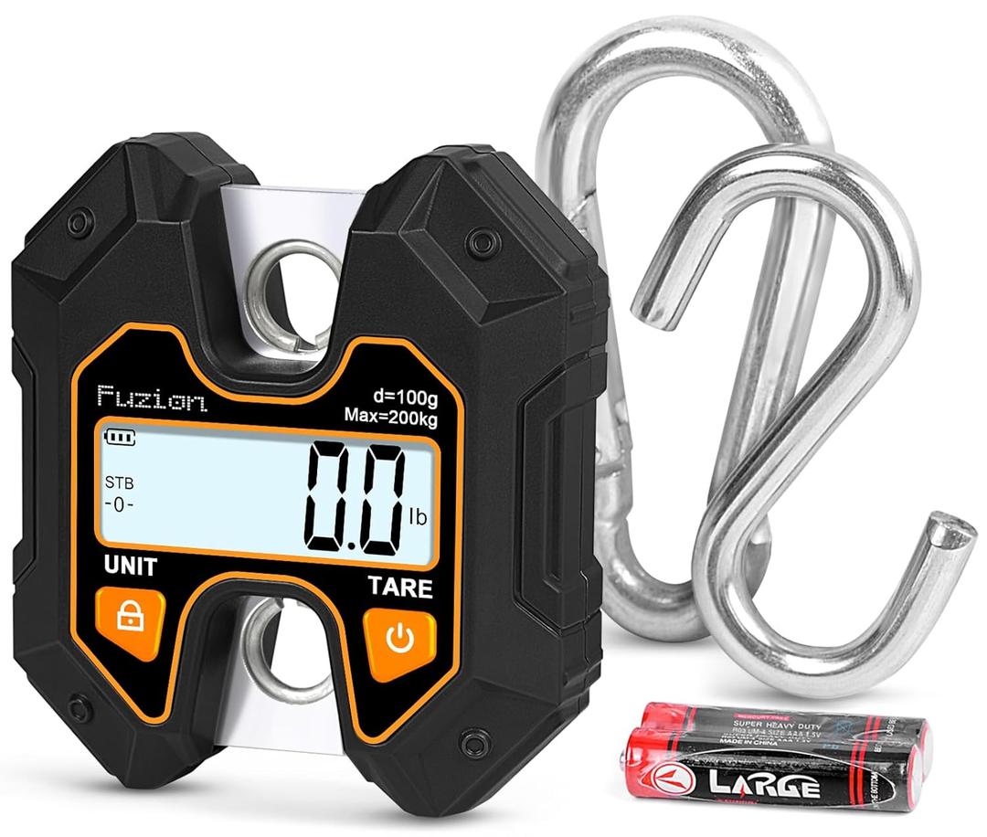 Fuzion Mini Crane Scale - Hanging Scale 440lb/200kg/1960N, Deer Scale with Large LCD Display, Hold & Tare Functions for Hunting, Farms, Fishing, No Setup Required (Black+Orange)