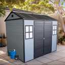 KEIKI 8x6 FT Outdoor Resin Garden Shed with Floor & 2 Windows, Waterproof Tool Storage Shed with Lockable Door for Garden Tools, Bicycles, Trash Cans, Grey+Black