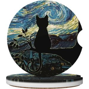 2 x Aesthetic Black Cat Car Coasters for Cup Holders,2 Pack Car Cup Holder Coasters for Car,Ceramic Absorbent Car Coaster with A Finger Notch and Cork Base,Car Interior Accessories for Women Men