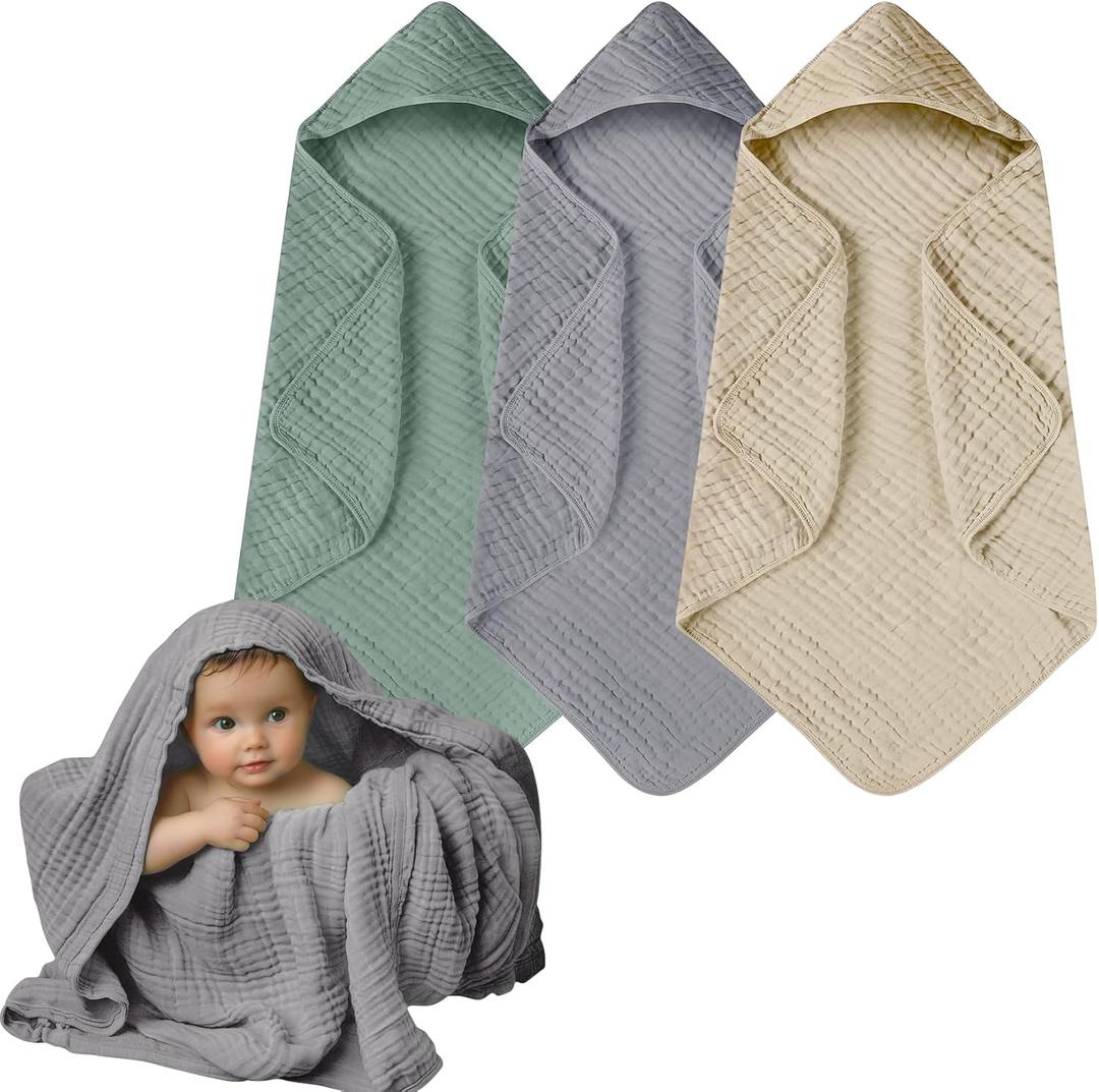 Muslin Hooded Baby Towels, 3 Pack Cotton Baby Bath Towels with Hood for Newborn, Babies, Infant, Toddler, Soft and Absorbent Baby Shower Towel Newborn Essential (35 X 35 Inch) (Green + Grey + Apricot)