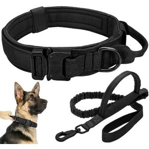 Tactical Dog Collar Leash Set, Adjustable Military Training Nylon Collar Dog Training with Control Handleand Metal Buckle, Dog Collar for Medium Large Dogs (Black,XL)
