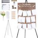 Wooden Wedding Seating Chart Board, Two Connectable Panels (23.7"17"), 0.32" Thick, Foldable Design with Metal Stand, White Lace Ribbon, Floral Dcor, and 20 Cards for Ceremony & Reception
