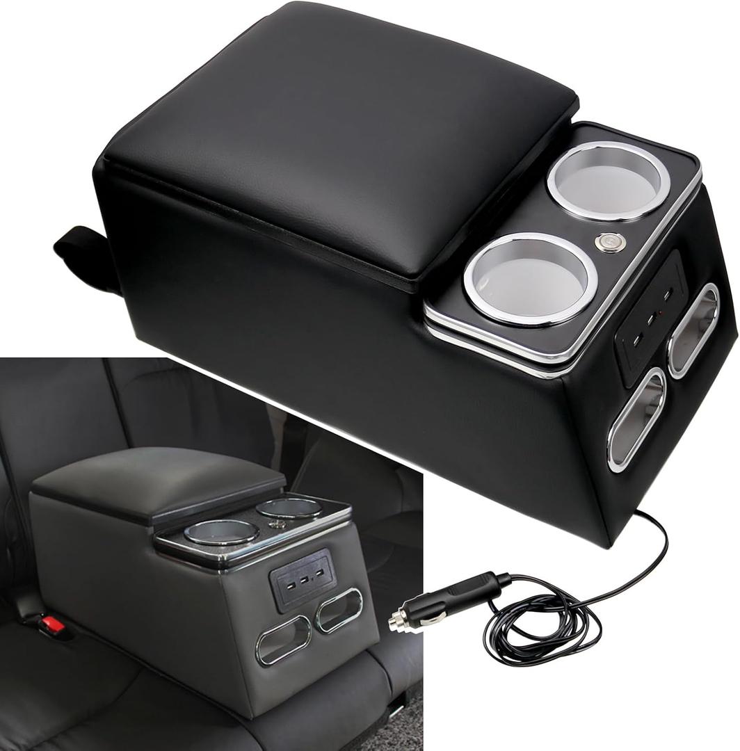 Sporacingrts Center Console Armrest Organizer with LED Light, USB Port, Cup Holders, Armrest, Padded Top Lid - Ideal for Business Upgrade Center Console Organizerand (Black)
