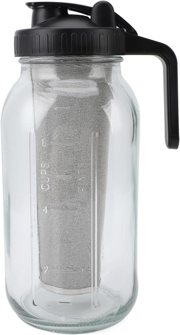 Cold Brew Coffee Maker Jar, 34oz Thick Glass Iced Coffee Pot with Stainless Steel Filter, Spout Lid and Handle for Pouring and Storage, Brews Coffee Overnight, Dishwasher Safe, (2000ml)