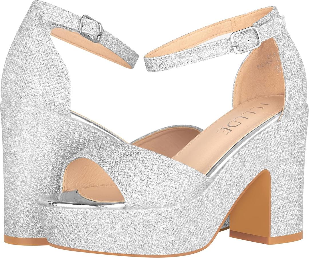 ILLUDE Women's Platform Heels Sandals Ankle Strap Block Chunky Heel Open Toe Platform Wedge Sandals – Silver, Size 7