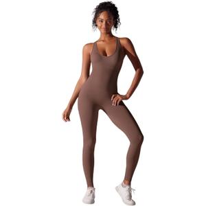 Sleek Seamless Womens Unitard Bodysuit Breathable Comfort for Yoga Fitness Running Cycling (Large, Brown)
