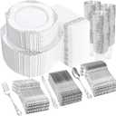 YOUBET 700PCS Silver Plastic Plates - White and Silver Disposable Plates - Silvery Plastic Dinnerware Set - Include 200 Plates, 300 Heavy Duty Silverware, 100 Cups and 100 Napkins for Wedding & Party