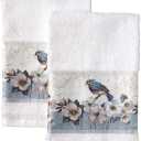 The Lakeside Collection Floral Bluebird Motif Hand Towels for the Bathroom and Kitchen - Set of 2