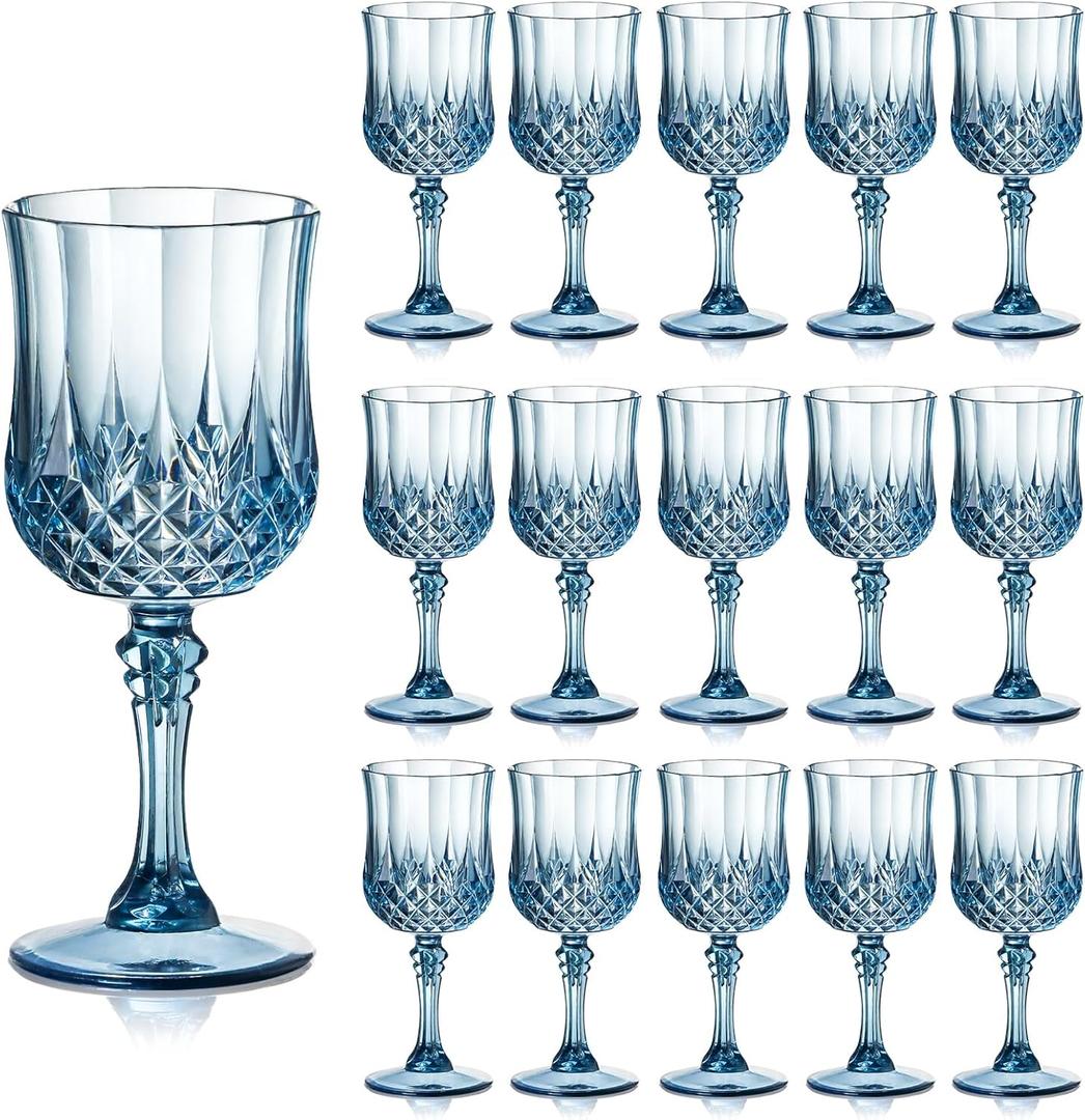 XUWAIDSGN 16 Pcs 7oz Plastic Vintage Wine Glasses Drinking Glasses Unbreakable Wedding Glassware Crystal Water Goblets Reusable Drinkware Vintage Champagne Flutes (16, Blue)