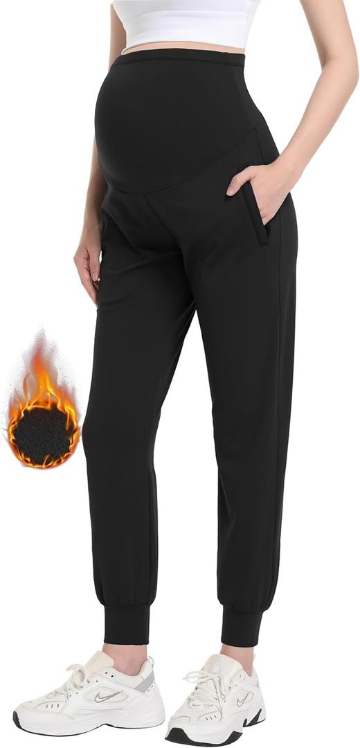 V VOCNI Maternity Fleece Lined Joggers Pants Thermal Sweatpants Pockets Running Lounge Workout Pregnancy Pants Black X-Large (Black, XL)