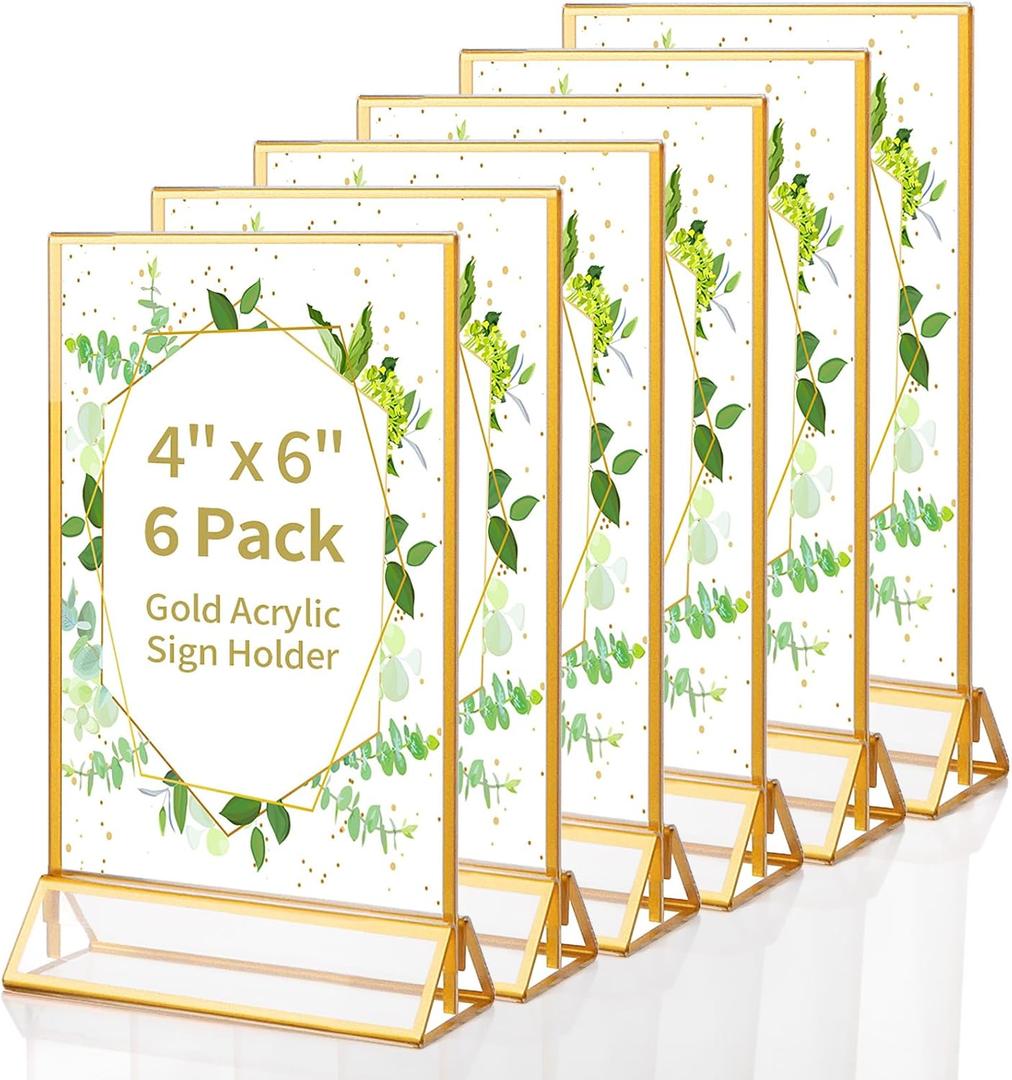 Gold Acrylic Sign Holder 4X6 inch, 6 Pack Wedding Table Number Frames Vertical , Double Sided Display Gold Picture Frame, Clear Menu Holders for Wedding Reception, Party Decoration