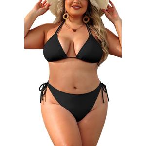 Daci Women Plus Size Triangle Bikini Sets Two Piece Double Straps Halter Swimsuit Side Tie String Sexy Bathing Suits (Black, 
18 Plus

)