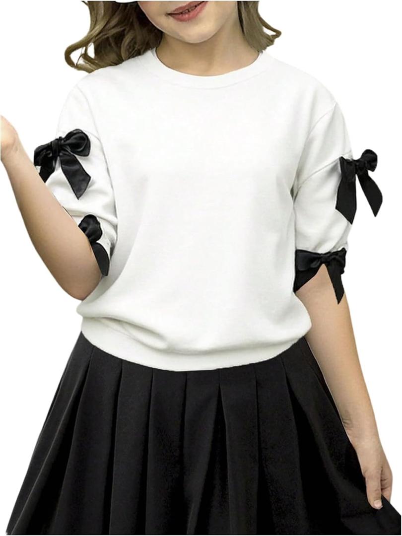 Verdusa Girl's Bowknot Side Tee Shirts Coquette Half Sleeve Crew Neck Summer Tops (White), Size: 8Y