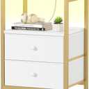 BOLUO Gold Nightstand with Charging Station, LED Night Stand with 2 Fabric Drawers, Bedside Table with USB Ports and Outlets, Nightstand for Bedroom Modern