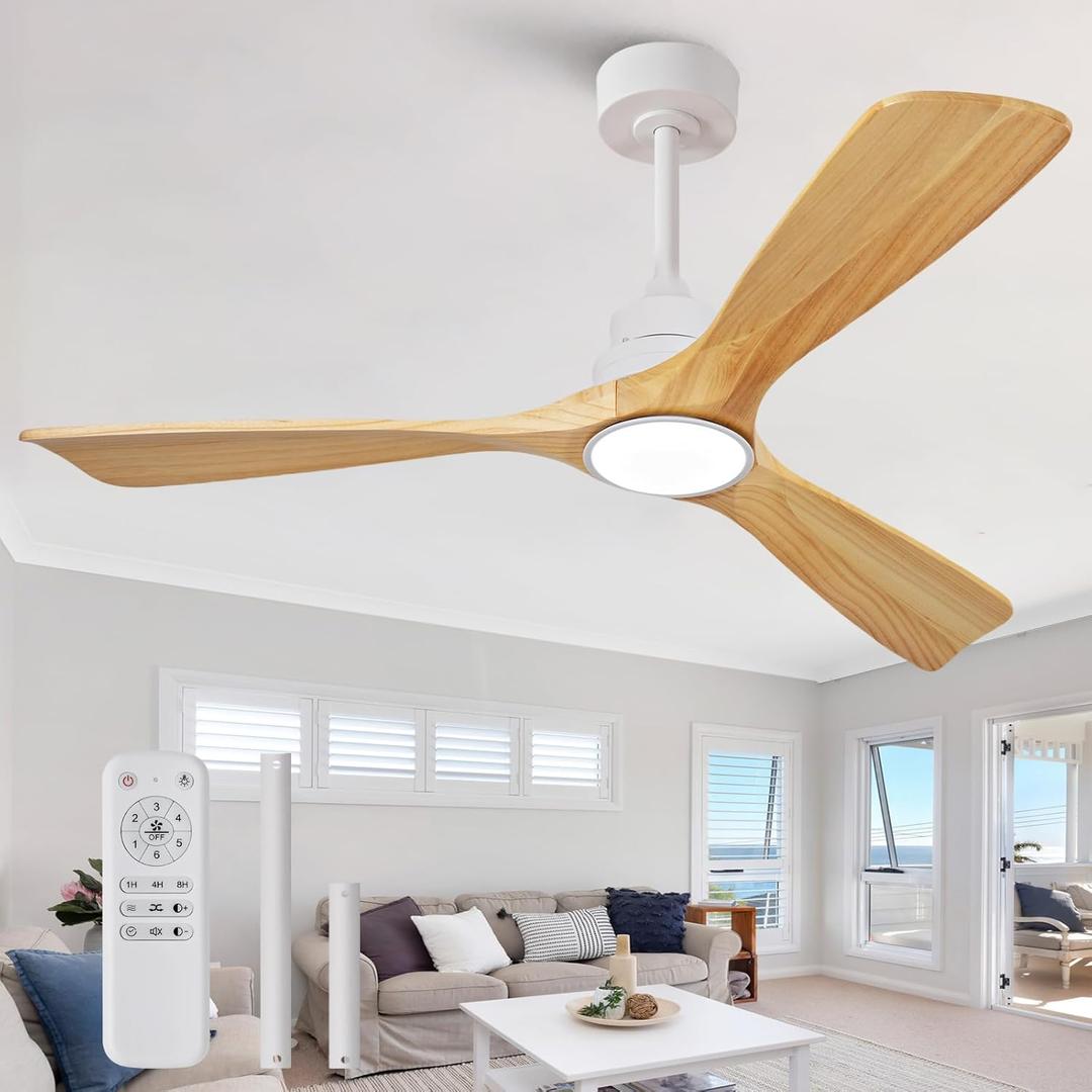 ZVL 60 Inch Ceiling Fans with Lights and Remote Control,3 Natural Wood Blades,6 Speed Reversible DC Motor,Dimmable,Timer,Memory Function, Indoor Outdoor Ceiling Fan for Bedroom Living Room Patios