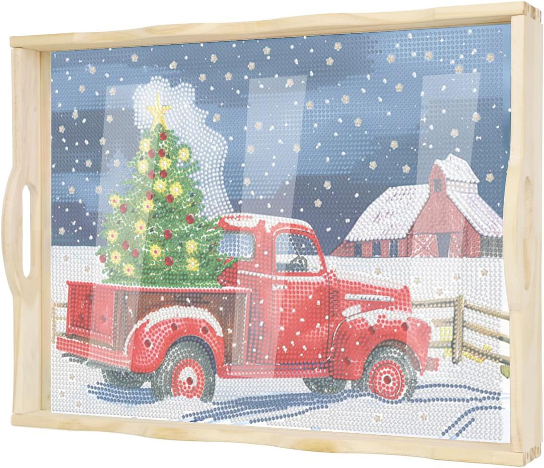 EWJRNSF Diamond Art Kits for Adults Wooden Serving Trays with Handles, 5D Diamond Painting Big Gem Arts and Craft Gifts Trays Decor Gift Home Decor 12.2x16.1 Inches Red Truck A