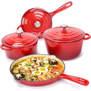 Hisencn Enameled Cast Iron Cookware Set - 7 Piece Dutch Ovens Set, Sauce Pan, Skillet, 3 Lids, Pots and Pans Set, Ceramic Coated Cast Iron, Heavy Duty, Gas/Induction Compatible, PFA Free, Rouge Red, Variety Pack
