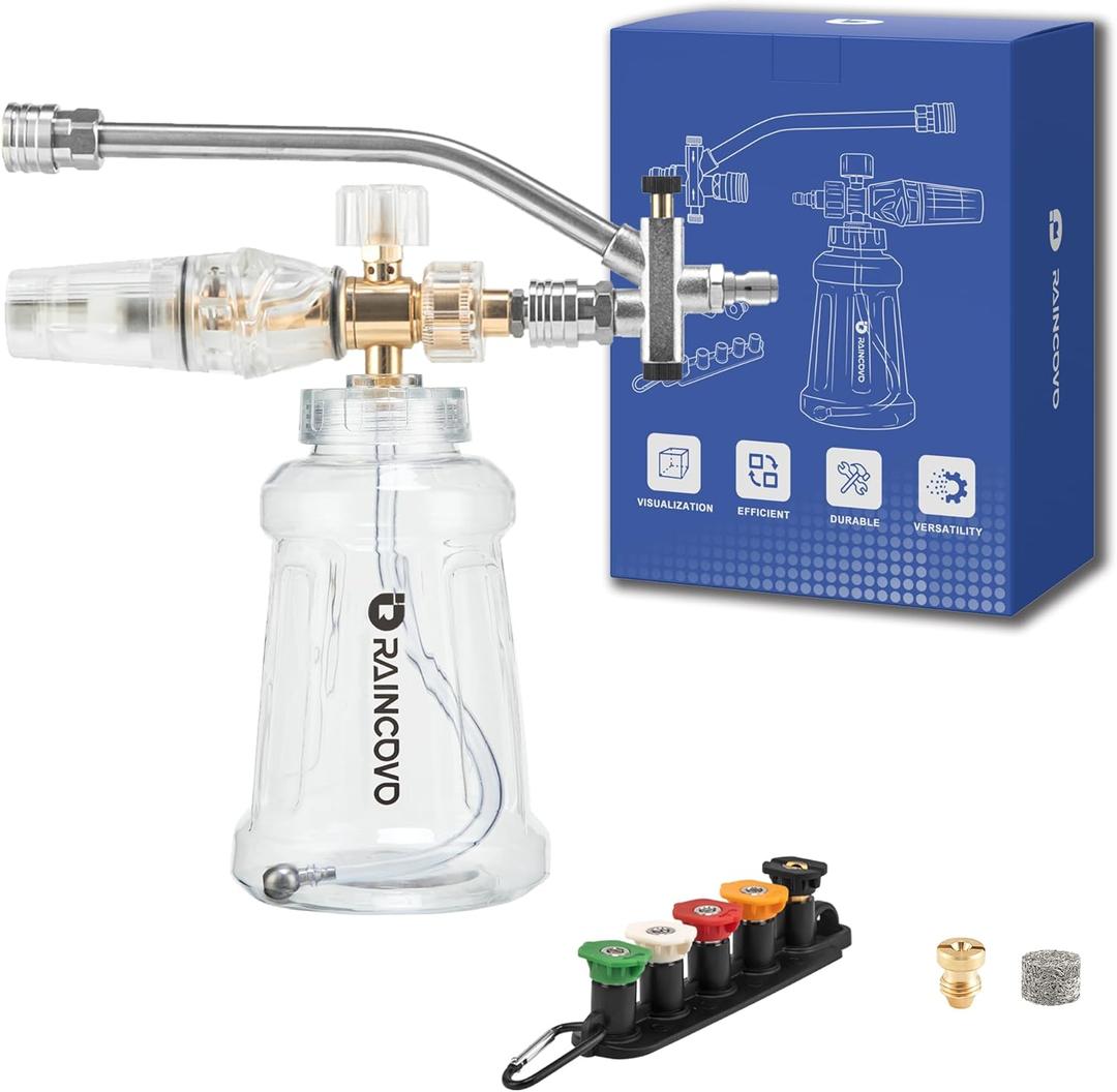 Raincovo Foam Cannon for Pressure Washer, Snow Clear Foam Cannon Dual Connector Accessories, Power Washer Soap Attachment for Car Wash, Stainless Steel Filter, 5 Nozzle Tips with Holder