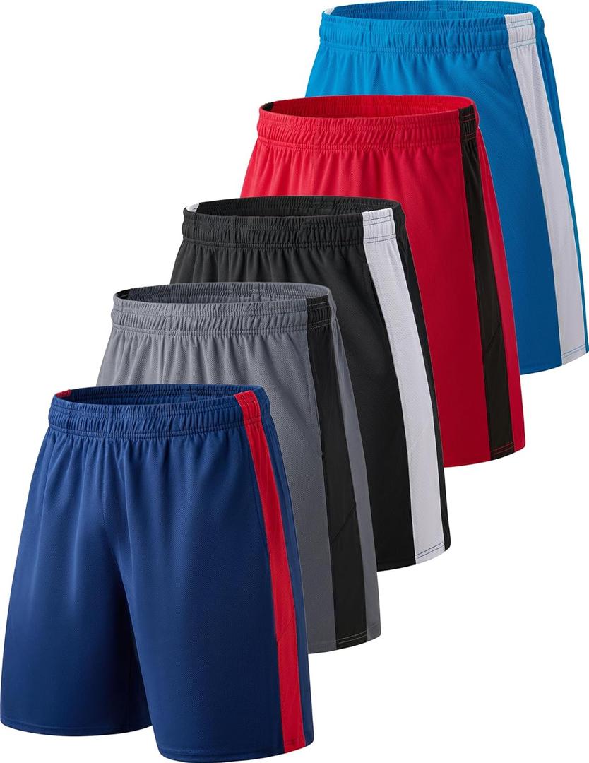Liberty Imports 5 Pack Men's Quick Dry Athletic Basketball Shorts 9" Inseam with Pockets, Activewear for Workout Gym Running (XX-Large, Navy/Gray/Black/Sky Blue/Red)