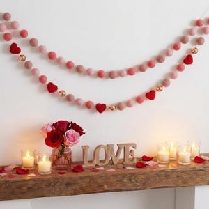 2 Pcs Valentine's Day Felt Ball Garland Decorations Red Pink Heart Ball Valentine Pom Garland Wool Felt Banner for Home Tree Decor Galentine Birthday Party Supplies Anniversary Wedding