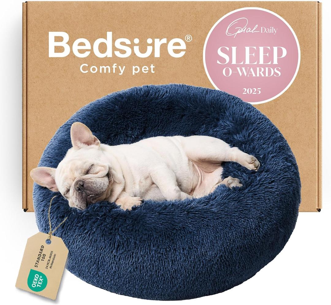 Bedsure Calming Dog Bed for Small Dogs - Donut Washable Small Pet Bed, 23 inches Anti-Slip Round Fluffy Plush Faux Fur Large Cat Bed, Fits up to 25 lbs Pets, Navy