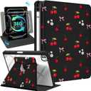 Uppuppy for iPad Pro M4/M5 Case 13 inch - 360 Degree Rotating Stand Folio Smart Cover with Pencil Holder for Women Girls, Cherry and Bow Flowers for iPad Pro 13 inch Case 2024 M4/2025 M5