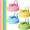 4 Pack Wide Mouth Mason Jar Lids with 4 Silicon Straws, Pour Spout Flip-top Replacements Drinking Lids Fits for Wide Mouth Mason Ball Jar