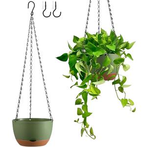 Set of 2 Hanging Planters for Indoor Outdoor Plants, 8 Inch Self-Watering Hanging Flower Pots with Drainage Hole & Removable Water-Storage Tray (Hooks) (Green)