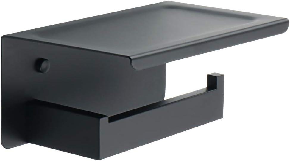 Alise Black Toilet Paper Holder with Shelf SUS304 Stainless Steel Adhesive Toilet Paper Roll Holder Bathroom Tissue Holder Storage Dispenser, Self Adhesive or Wall Mount Drilling (Single Rod)