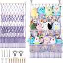 3 Tier Stuffed Animal Storage Shelf Net, 24x39 Inch Large Stuffy Storage w/ LED Light & Clips for Mini Medium Plushie Teddy, Purple Boho Macrame Wall Stuffed Animal Holder Display for Kids Girls Boys