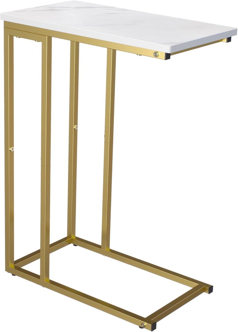 Yusong C Shaped End Table, Couch Side Table That Slide Under Sofa Bed, Small Table for Small Spaces, Skinny Overbed Table for Coffee Drink Snack, Living Room, Gold and White Marbled Wooden Top (Length 18.2)