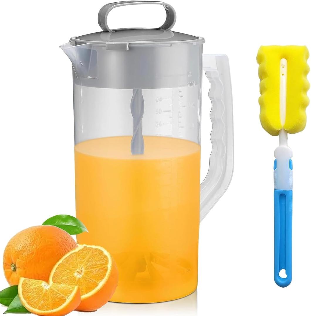 Mixing Pitcher for Drinks with Lid-Wide Mouth Juice Pitcher,Includes Plastic Blades & Adjustable Mixer Plunger,Comes with Cleaning Sponge Brush,Perfect for Juice,Tea,Milk,Lemonade (2.1qt/67.6oz)